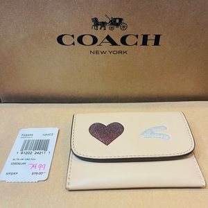 Coach leather tan with red heart credit card holder small with pocket on back